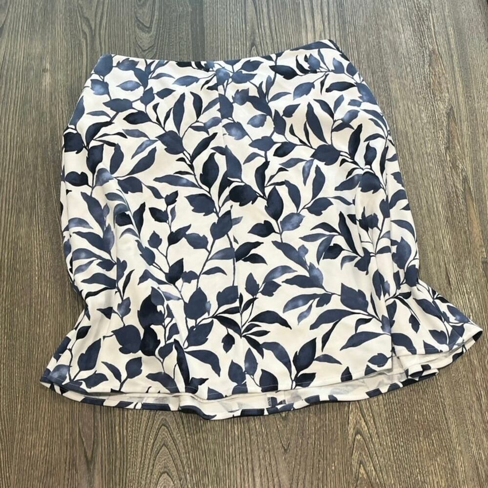 Nine West Womens Leaf A-Line Skirt Knee Length Stretch White/Navy Plus Size 14W